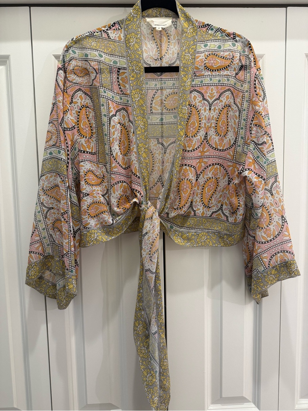 Anthropologie Tie-Front Paisley Print Kimono Top - Pink & Yellow